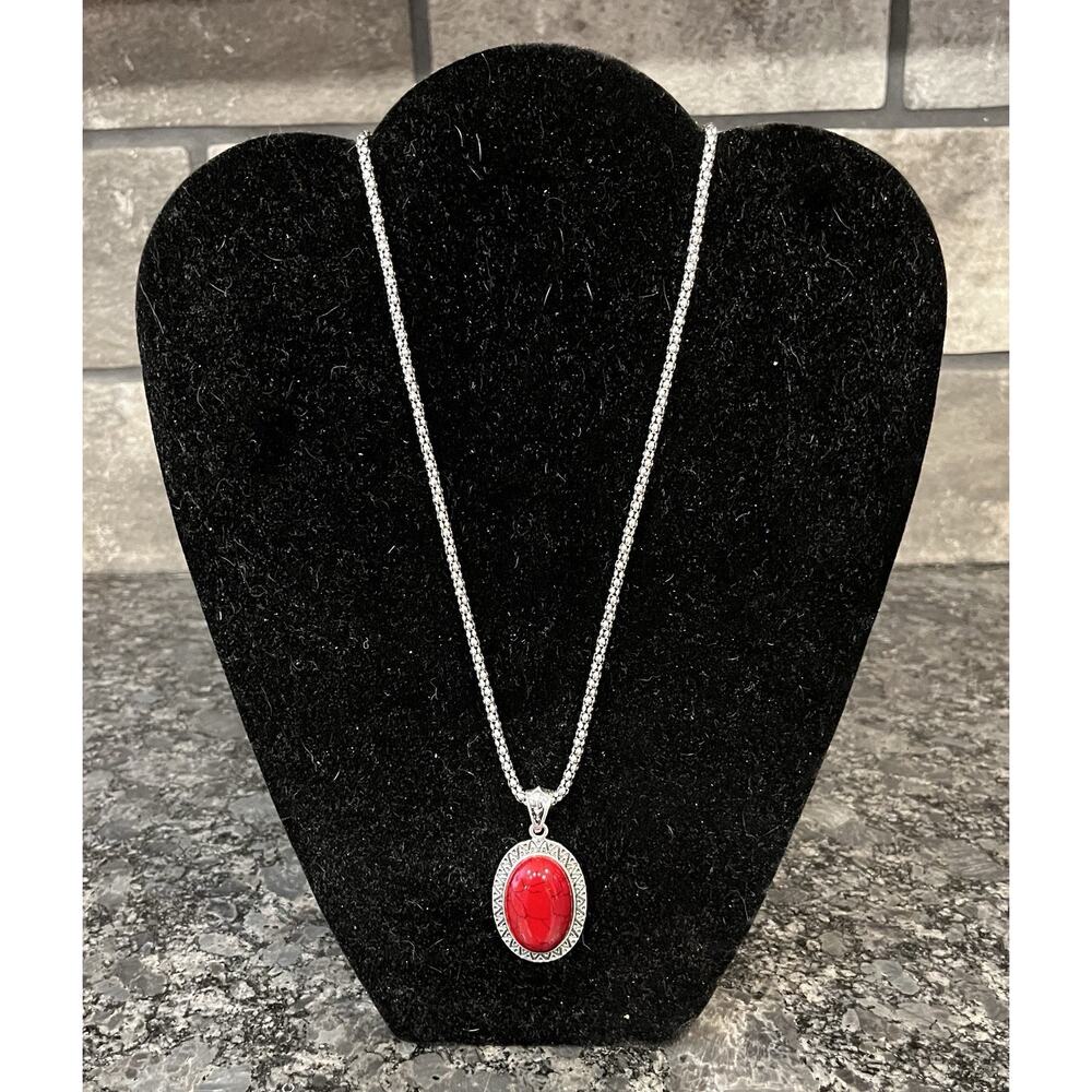 Silver Tone 18” Necklace with Red Oval Stone Statement Pendant Exquisite